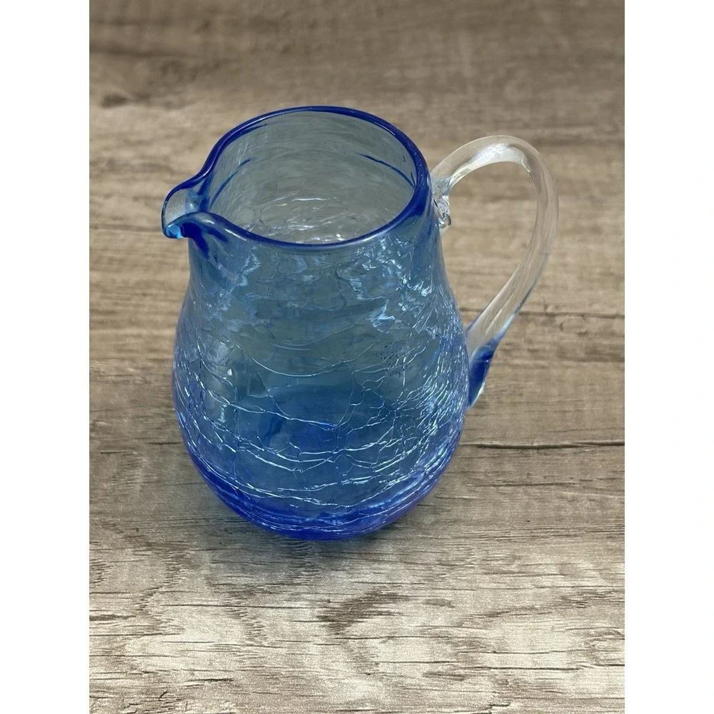 Vintage Handblown‎ Mini Crackle Glass Cornflower Cobalt Blue Pitcher Cruet 3.5